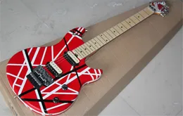 Chitarra elettrica rossa personalizzata in fabbrica con strisce bianche, tastiera in acero, doppio ponte rock, personalizzabile