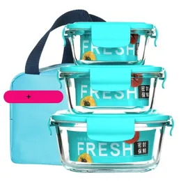 3 Pz / set Contenitore per alimenti portatile Pranzo in vetro con borsa Scuola Microonde Riscaldamento Bento Box Trasparente sigillabile a tenuta Y200429