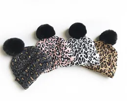Ins barn leopard stickning hattar 2020 höst vinter nya barn stora svart pompom hatt basker mode pojkar flickor varmare beanie A4100