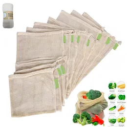 3 st Cotton mesh väska återanvändbar nedbrytbar netto miljövänlig ekologisk grönsaksfruktlagring shoppingväska med nät