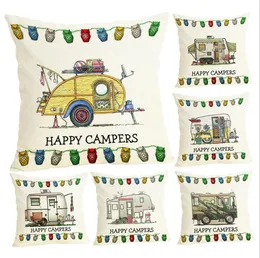 Pillowcase Happy Campers Pillow Case Campers Caravan Matsal Bilkudde Abstrakt Automobile Printing Cushion Cover för Home Hotel LSK1421