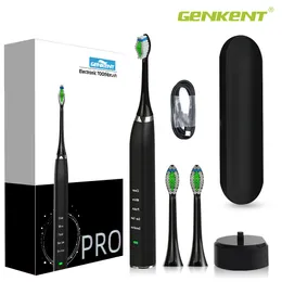 Genkent sonic elektrisk tandborste IPX7 Vattentät Trådlös uppladdningsbar tandborste med 2 ersättningsborste huvuden svart vit
