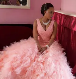 Элегантный розового V шея платья выпускного вечера блестка бисер Русалка Вечерние платья плюс размер Тюль Ruched Африканская Женщина Формальная
