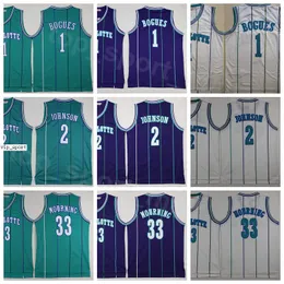 남성 빈티지 농구 Alonzo Mourning Jerseys 33 Tyrone Msy Bogues 1 Larry Johnson 2 Green White Purple Team Ed Good Quality