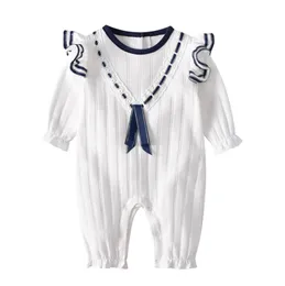 新しい到着春秋の赤ちゃん女の子子供登山白いシンプルなフリル100％コットンデザインロンパース幼児新しい生まれた長袖の袖0-2t