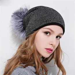 women's winter hat beanie with real raccoon fur pom poms wool knitted hat Skullie for women girls cap feminino