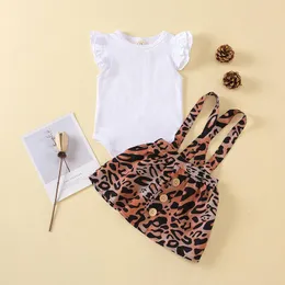 Baby Girls Skirt Suit Solid Color Ruffle Baby Romper Spädbarn Kortärmad Onesies Barn Leopard Tryckt Rem Klänning 6-24m
