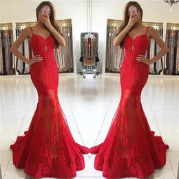 New Querida apliques de renda Dresses Prom robe de soiree cintas de espaguete sereia vestido vermelho longo Evening