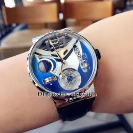 高品質メガヨット44mm 6319-305自動メンズウォッチブルーダイヤルシルバーケース新しいゲントスポーツウォッチブラックレザーストラップ