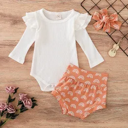 Bebê recém-nascido Romper Define Cores sólidas Bebê Onesies manga comprida Tops Crianças do arco-íris shorts com Bow Headband do bebê da criança Roupa Sets