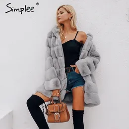 Simple Vintage Fluffy Hoodie Faux Fur Coat Kvinnor Vinter Grå Jacka Kvinnor Plus Storlek Varm Lång Casual Outerwear Overcoat Y200926