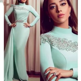 High Neck Prom Klänningar Långärmad Lace Appliqued Beaded 2021 Arabiska Mint Green Modest Evening Gowns Mermaid Formell Dress Vestido de Longo