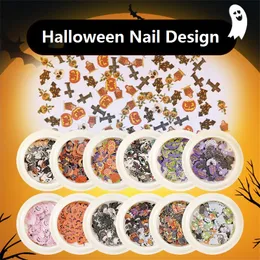 Nail Art Halloween klistermärke Nageldesigner Skull Pumpkin Castle Ghost Witch Bat Cosplay Festival 3D Manicure Slice Sequin för Nails