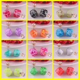 Women Paragraph Earrings Double Side Shining zircon geometry bead (8mm 16mm) Stud Earrings Square crystal Earrings 12 color selection