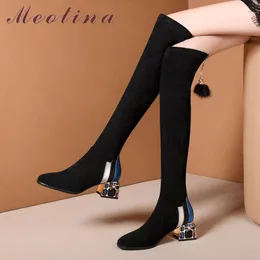 Meotina Winter Thigh High Boots Women Real Leather Block High Heel Over The Knee Boots Rhinestone Slim Stretch Shoes Lady 34-39