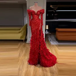 Red Feathers Sequined Evening Dresses Long Full Sleeves Off The Shoulder Mermaid Prom Dreess High Split Side abiti da cerimonia