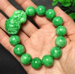 12MM Natural Green Jade Beads Elastic Bracelet Pixiu Bangle Charm Jewellery Fashion Accessories Carved Amulet Gifts for Women Men