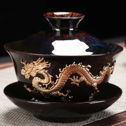 Dragon Silver Inlaid Tea Tureen Hand Made Household Tea Drinkware Bowl Kiln Change With Gold Dragon Gaiwan