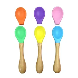 Baby Feeding Silicone Scoop Baby Soft-headed Spoons Wooden Silicone Spoon Wooden handle Flatware For Toddlers And Infants LX3306