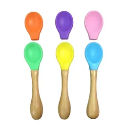 Karmienie dziecka Silicone Scoop Baby Soft-Head-Głębiste Łyżki Drewniane Silikonowe Łyżka Drewniane Uchwyt Naczywa do małych dzieci i niemowląt LX3306