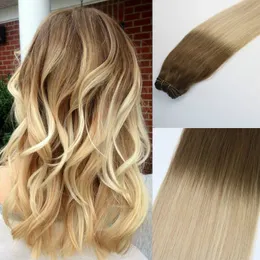 Human Hair Weave Ombre Dye Color Brazilian Virgin Hair Weft Bundle Extensions Balayage Three Tone 24#Blonde Highlights Thick End
