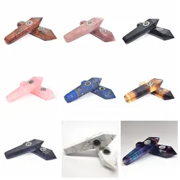 Colorful Handmade Natural Gem Stone Crystal Dry Herb Tobacco Handpipe Smoking Tube Filter Pipes High Quality Holder Luxury Decoration DHL