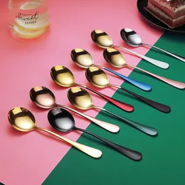 16 color Stainless Steel Round Spoons Coffee Tea Spoon Sugar soup spoon Ice Cream Dessert tableware Kitchen restaurant Tool FF175.T9I00581