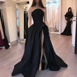 New Black Prom Dresses Ball Gown Sweep Train High Slit Satin Sexy Party Maxys Long Prom Gown Evening Dress Robe de Soiree