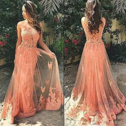 Ny Illusion Aftonklänning Applique Backless Peach Vestidos Largo Islamic Dubai Elegant Long Evening Gown Prom Dress