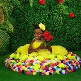 Sarı Balo Kristaller Çiçek Kız Elbise Düğün Boncuklu Halter Boyun 3D Aplike Yarışması Abiye Tül ilk komünyonu Elbise İçin