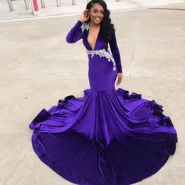 Stylish Purple Velvet Mermaid Prom Dresses Sheer Deep V Neck Beaded Long Sleeves Evening Gowns Plus Size Sweep Train Appliqued Formal Dress