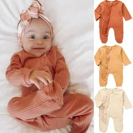 Baby Rompers Детские девушки с длинным рукавом комбинезон с молнией младенца чистые цвета Rompsers Toddler мягкая хлопчатобумажная одежда подъемные роллазники LSK759