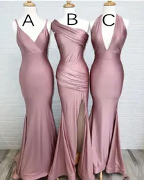 Tanie Dusty Pink Mermaid Prom Dresses V Neck Split Side Spandex Spaghetti Paski Długość Piętro Długość Gościnna Suknia Gościnna Honor