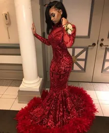 New 2020 Red Plus Size Long Sleeve Mermaid African Prom Dresses with Feathers Train High Neck Elegant Black Girls Evening Gala Gowns