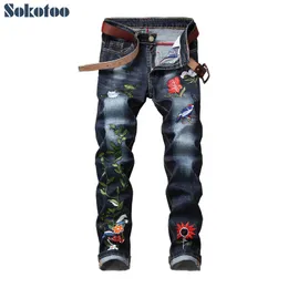 Sokotoo男性の花の刺繍ストレッチデニムジーンズファッションスリムフィット鉛筆パンツ