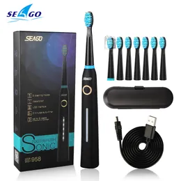 Seago Sonic 전기 칫솔 치아 브러시 USB 충전식 성인 방수 초음파 자동 5 모드 여행 케이스