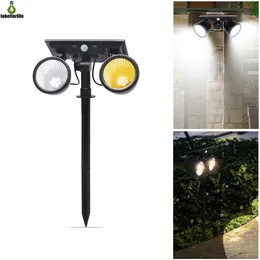 Dual Head 14led Solar Lawn Light LED PIR Motion Sensor Vägglampa Roterbar Dubbel Head Spotlight 360 ° Justerbar Vit + Varm Vit Färgrik