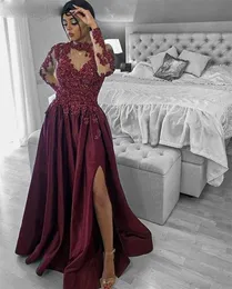 Elegant Satin A-Line Evening Dresses with Lace Applique High Neck Long Sleeves Side Split Prom Dress Arabic Party Gowns Z29