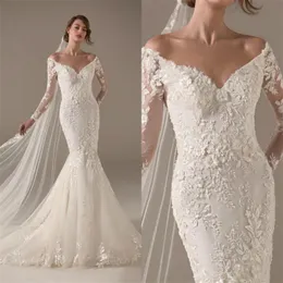 2020 Mermaid Bröllopsklänningar Lace Appliqued Bridal Dress Elegant Sweep Train Custom Made Vestidos de Novia