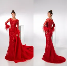 Modest Feather Mermaid Prom Dresses z odpinanym pociągiem pełna koronka z długim rękawem 2021 czerwone formalne suknie wieczorowe Vestidos de Soiree