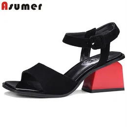 Asumer stor storlek 33-42 sommar nya skor kvinna spänne sandaler kvinnor mocka läder höga klackar skor blandade färger eleganta