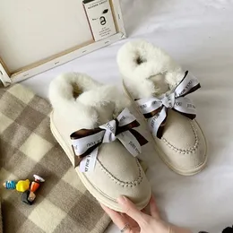 Women Snow Boots New Winter Student Ribbon Bow Plush Thicken Warm Cotton Boots Girls Thick Bottom Non-Slip Cotton Shoes Short Boots