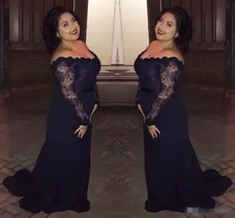 2020 cheap sexy elegant plus size mother of the bride lace chiffon scallop neck navy blue long sleeves prom dresses mermaid evening gowns