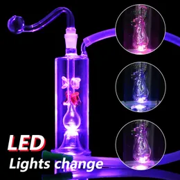 Portable Shisha Oil Hookahs Dab Oil Rig Led Color Change Hookah Glass Pipe Lights Bongs Percolater Bubbler Water Pipes with Tobacco Ash Bowl