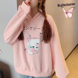2 Cor New Harajuku Hoodie Kawaii Female Plus Size solto Peach bebida caixa impressa pulôver Tops de manga comprida camisola das mulheres