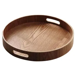 Round Serving Bamboo Wooden Tray For Dinner Trays Tea Bar Breakfast Food Container Handle Storage Tray #1 Kitchen Storage