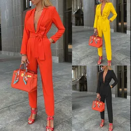 Autumn Winter 2 Piece Pants Women Blazer Set Sexy Deep V Neck Bow Belt Blazers and High Waist Pencil Pant Sets Ladies Matching