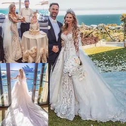 Vestidos modestos de mangas compridas, sereia com trem de capela destacável, plus size, apliques de renda, vestido de casamento de cristal