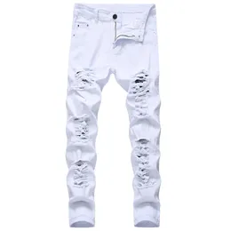 Mens Men's Jeans White Black Distressed Holes Skinny Jeans Full Length Denim Pants Street Style Trousers Wholesale