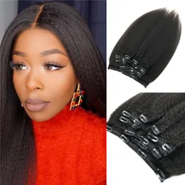Afro Kinky Prosto Clip W Hair Extensions Real Remy Human Hair Natural Black Color Yaki Podwójny Wątek Klips na rozszerzenia włosów 8szt / 120g